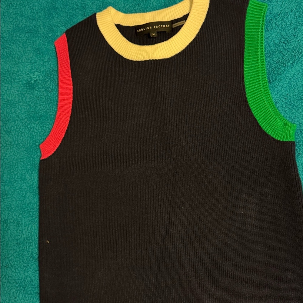 English Factory Black Sweater with Red, Green, and Yellow Accents